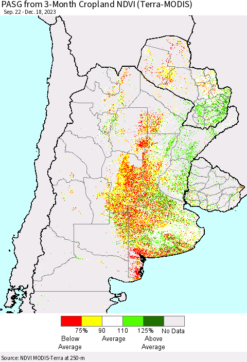 Southern South America PASG from 3-Month Cropland NDVI (Terra-MODIS) Thematic Map For 12/11/2023 - 12/18/2023