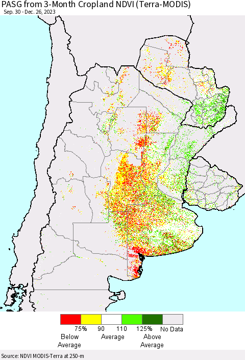 Southern South America PASG from 3-Month Cropland NDVI (Terra-MODIS) Thematic Map For 12/19/2023 - 12/26/2023