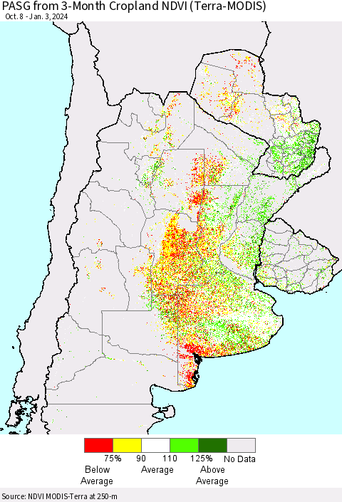 Southern South America PASG from 3-Month Cropland NDVI (Terra-MODIS) Thematic Map For 12/27/2023 - 1/3/2024