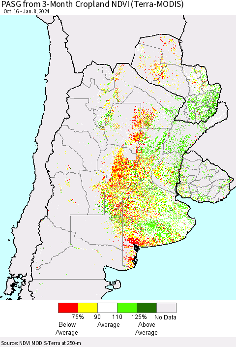 Southern South America PASG from 3-Month Cropland NDVI (Terra-MODIS) Thematic Map For 1/1/2024 - 1/8/2024