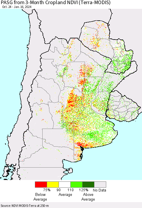 Southern South America PASG from 3-Month Cropland NDVI (Terra-MODIS) Thematic Map For 1/9/2024 - 1/16/2024