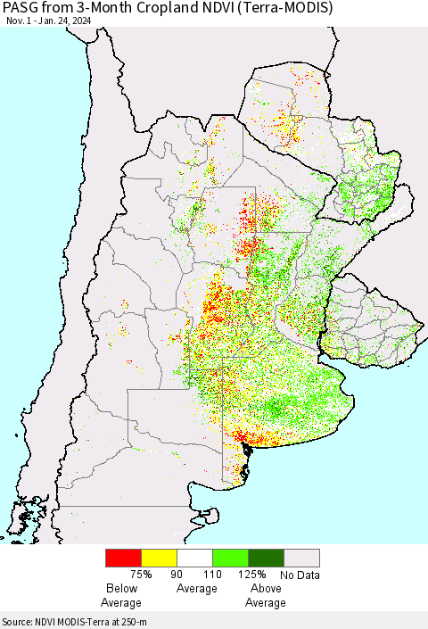 Southern South America PASG from 3-Month Cropland NDVI (Terra-MODIS) Thematic Map For 1/17/2024 - 1/24/2024