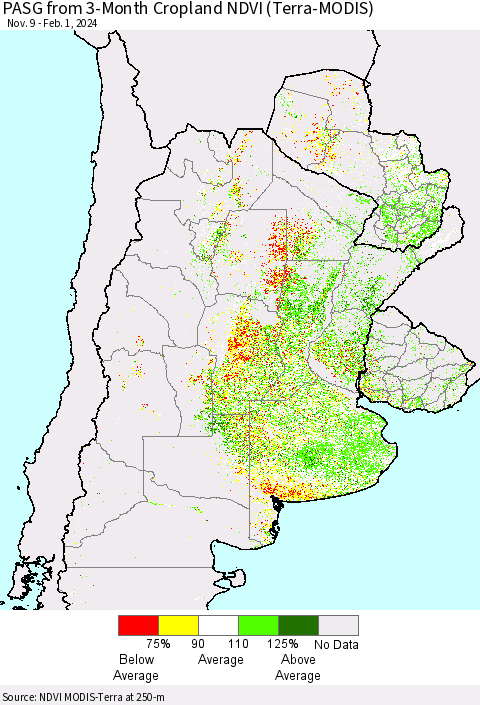 Southern South America PASG from 3-Month Cropland NDVI (Terra-MODIS) Thematic Map For 1/25/2024 - 2/1/2024