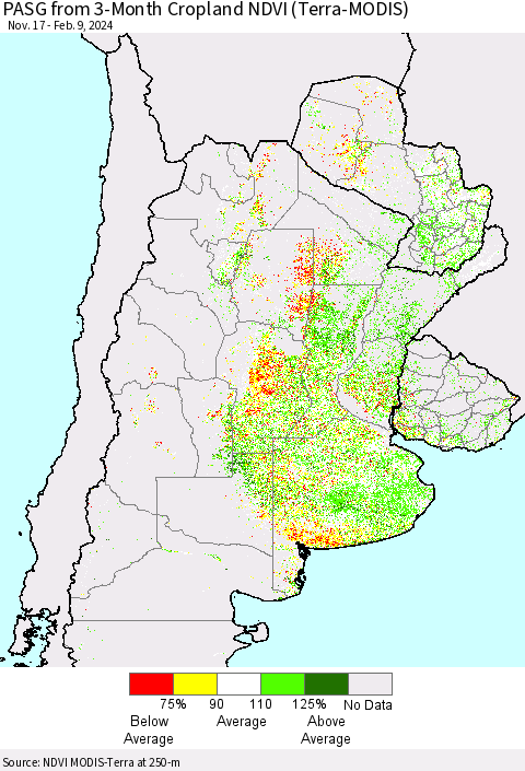 Southern South America PASG from 3-Month Cropland NDVI (Terra-MODIS) Thematic Map For 2/2/2024 - 2/9/2024