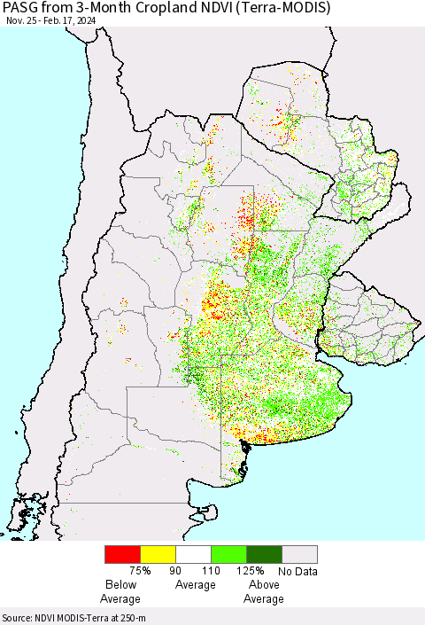 Southern South America PASG from 3-Month Cropland NDVI (Terra-MODIS) Thematic Map For 2/10/2024 - 2/17/2024