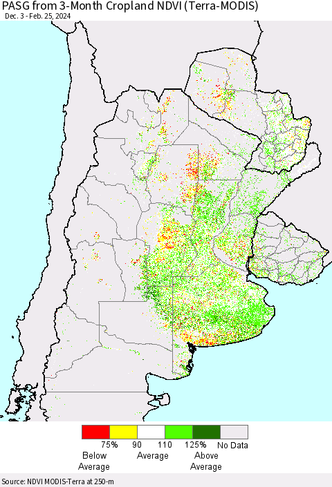 Southern South America PASG from 3-Month Cropland NDVI (Terra-MODIS) Thematic Map For 2/18/2024 - 2/25/2024
