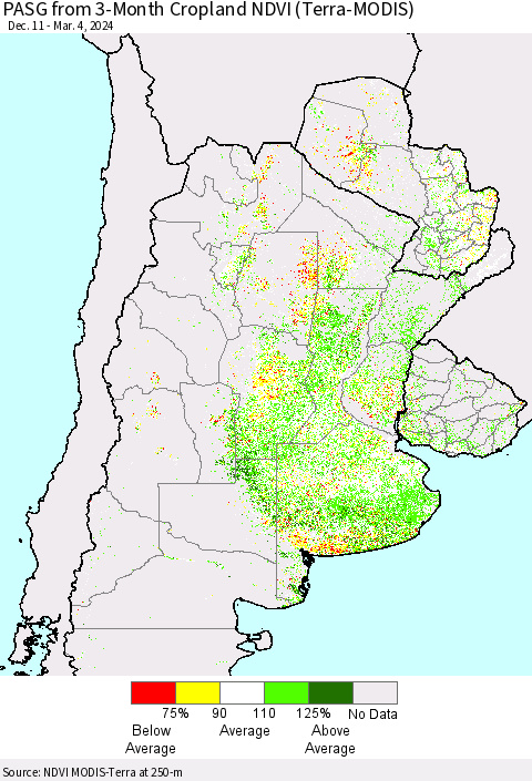 Southern South America PASG from 3-Month Cropland NDVI (Terra-MODIS) Thematic Map For 2/26/2024 - 3/4/2024
