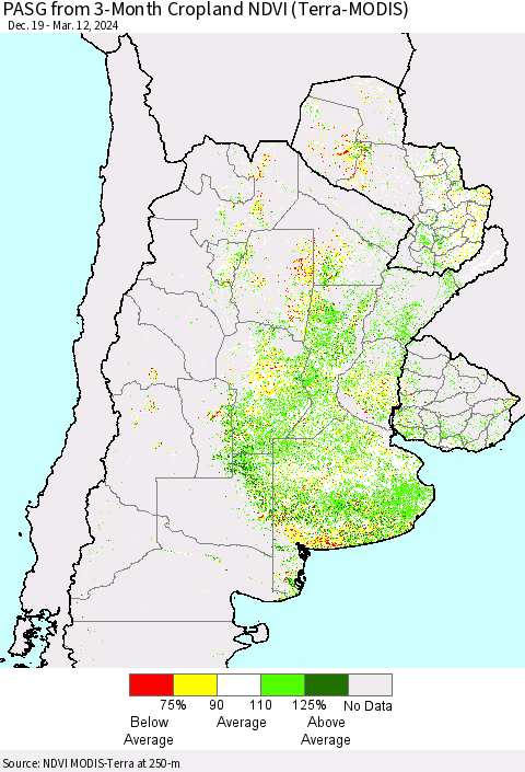 Southern South America PASG from 3-Month Cropland NDVI (Terra-MODIS) Thematic Map For 3/5/2024 - 3/12/2024