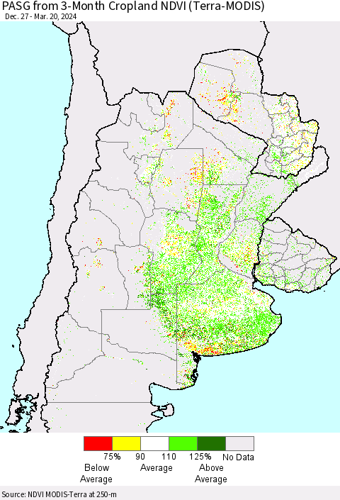 Southern South America PASG from 3-Month Cropland NDVI (Terra-MODIS) Thematic Map For 3/13/2024 - 3/20/2024