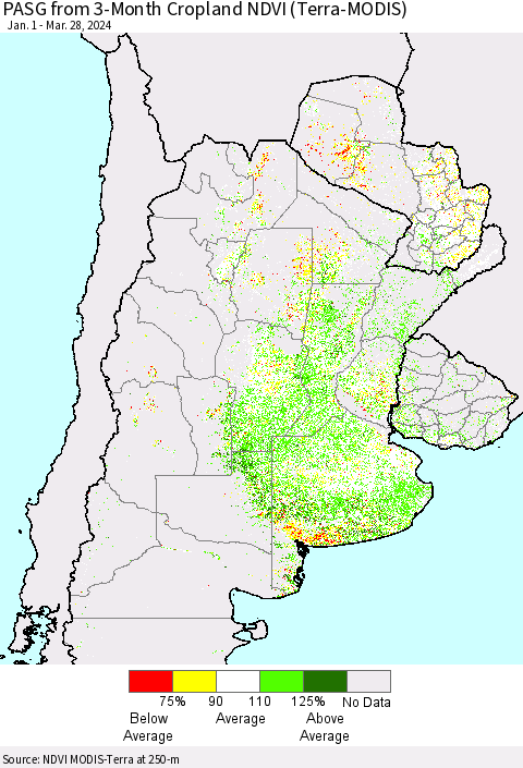 Southern South America PASG from 3-Month Cropland NDVI (Terra-MODIS) Thematic Map For 3/21/2024 - 3/28/2024