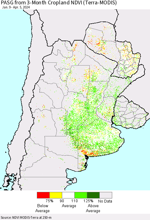 Southern South America PASG from 3-Month Cropland NDVI (Terra-MODIS) Thematic Map For 3/29/2024 - 4/5/2024