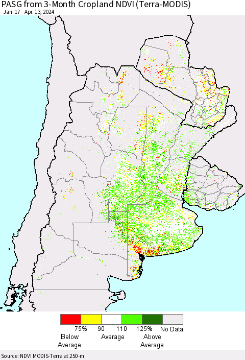 Southern South America PASG from 3-Month Cropland NDVI (Terra-MODIS) Thematic Map For 4/6/2024 - 4/13/2024