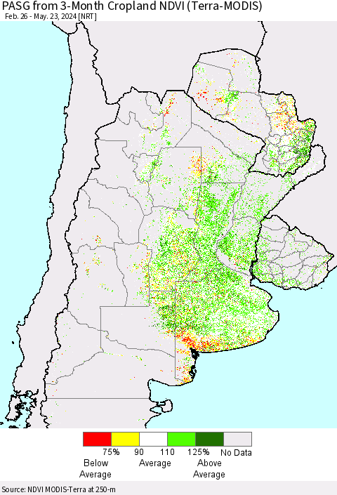 Southern South America PASG from 3-Month Cropland NDVI (Terra-MODIS) Thematic Map For 5/16/2024 - 5/23/2024
