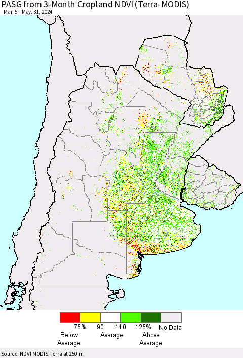 Southern South America PASG from 3-Month Cropland NDVI (Terra-MODIS) Thematic Map For 5/24/2024 - 5/31/2024