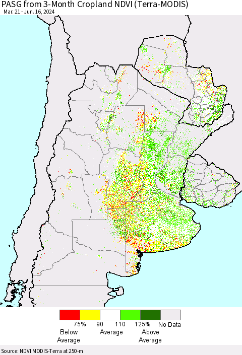 Southern South America PASG from 3-Month Cropland NDVI (Terra-MODIS) Thematic Map For 6/9/2024 - 6/16/2024