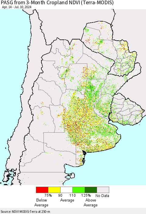 Southern South America PASG from 3-Month Cropland NDVI (Terra-MODIS) Thematic Map For 7/3/2024 - 7/10/2024