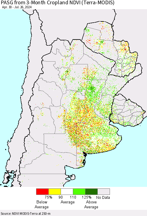 Southern South America PASG from 3-Month Cropland NDVI (Terra-MODIS) Thematic Map For 7/19/2024 - 7/26/2024