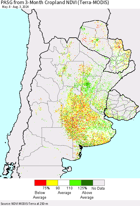 Southern South America PASG from 3-Month Cropland NDVI (Terra-MODIS) Thematic Map For 7/27/2024 - 8/3/2024