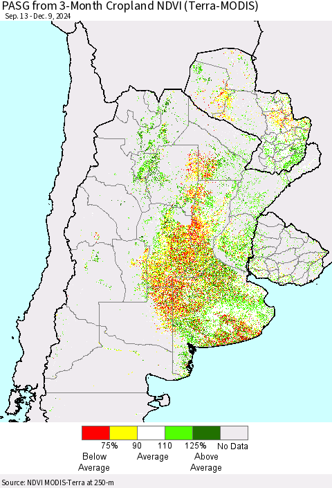 Southern South America PASG from 3-Month Cropland NDVI (Terra-MODIS) Thematic Map For 12/2/2024 - 12/9/2024