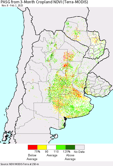 Southern South America PASG from 3-Month Cropland NDVI (Terra-MODIS) Thematic Map For 1/25/2025 - 2/1/2025