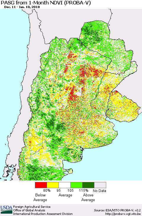 Southern South America PASG from 1-Month NDVI (PROBA-V) Thematic Map For 1/1/2018 - 1/10/2018