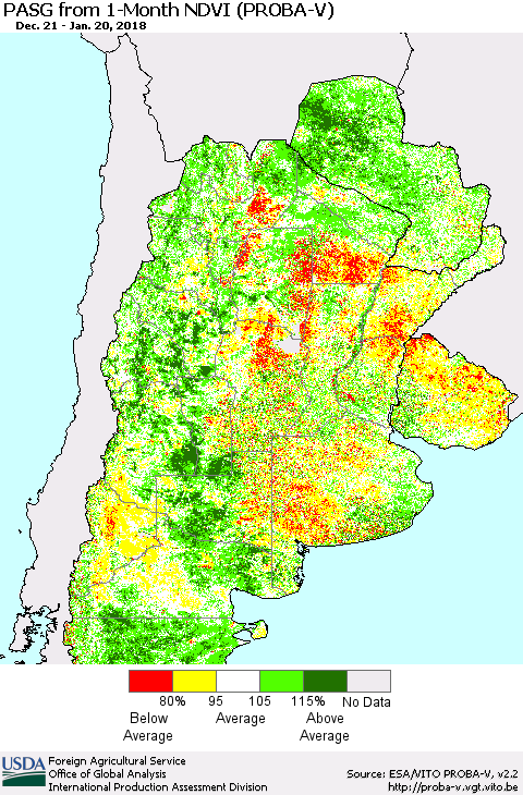 Southern South America PASG from 1-Month NDVI (PROBA-V) Thematic Map For 1/11/2018 - 1/20/2018
