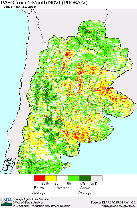 Southern South America PASG from 1-Month NDVI (PROBA-V) Thematic Map For 1/21/2018 - 1/31/2018