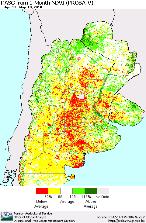 Southern South America PASG from 1-Month NDVI (PROBA-V) Thematic Map For 5/1/2018 - 5/10/2018