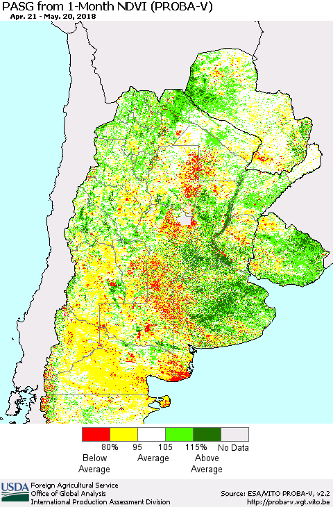 Southern South America PASG from 1-Month NDVI (PROBA-V) Thematic Map For 5/11/2018 - 5/20/2018