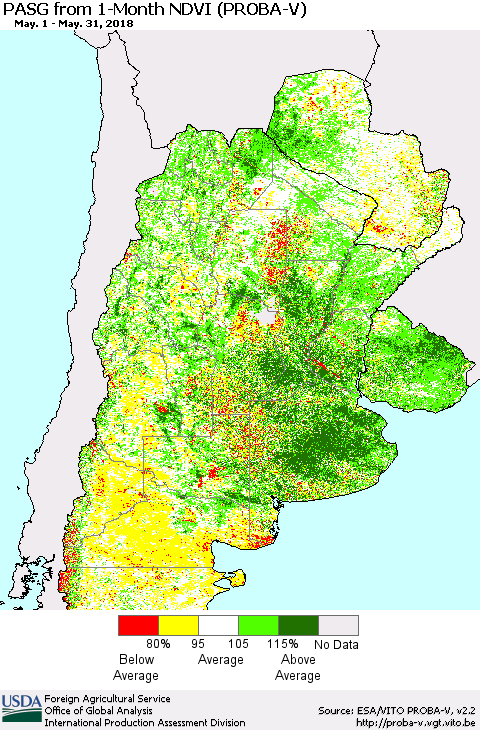 Southern South America PASG from 1-Month NDVI (PROBA-V) Thematic Map For 5/21/2018 - 5/31/2018