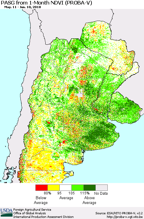 Southern South America PASG from 1-Month NDVI (PROBA-V) Thematic Map For 6/1/2018 - 6/10/2018