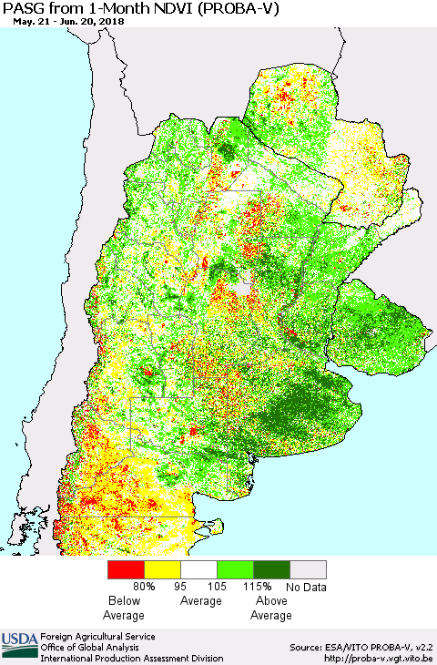 Southern South America PASG from 1-Month NDVI (PROBA-V) Thematic Map For 6/11/2018 - 6/20/2018