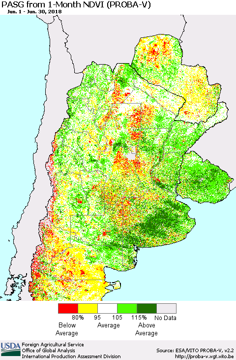 Southern South America PASG from 1-Month NDVI (PROBA-V) Thematic Map For 6/21/2018 - 6/30/2018