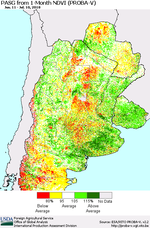 Southern South America PASG from 1-Month NDVI (PROBA-V) Thematic Map For 7/1/2018 - 7/10/2018