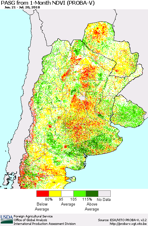 Southern South America PASG from 1-Month NDVI (PROBA-V) Thematic Map For 7/11/2018 - 7/20/2018