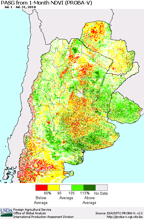 Southern South America PASG from 1-Month NDVI (PROBA-V) Thematic Map For 7/21/2018 - 7/31/2018