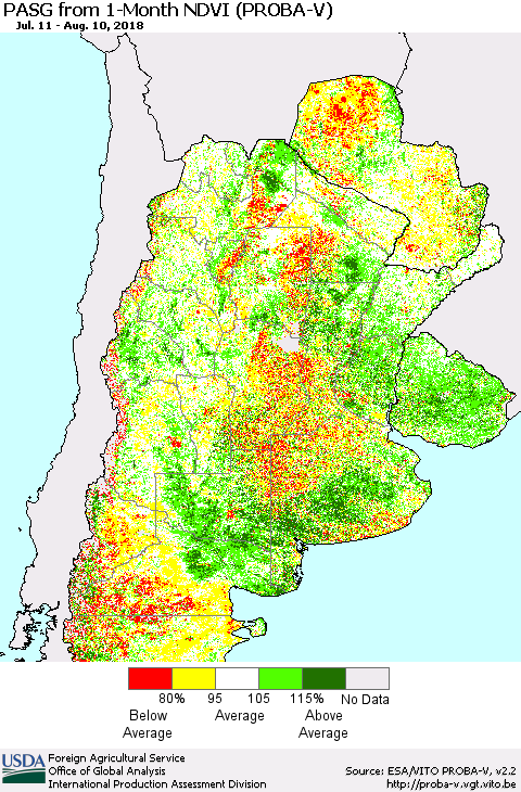 Southern South America PASG from 1-Month NDVI (PROBA-V) Thematic Map For 8/1/2018 - 8/10/2018