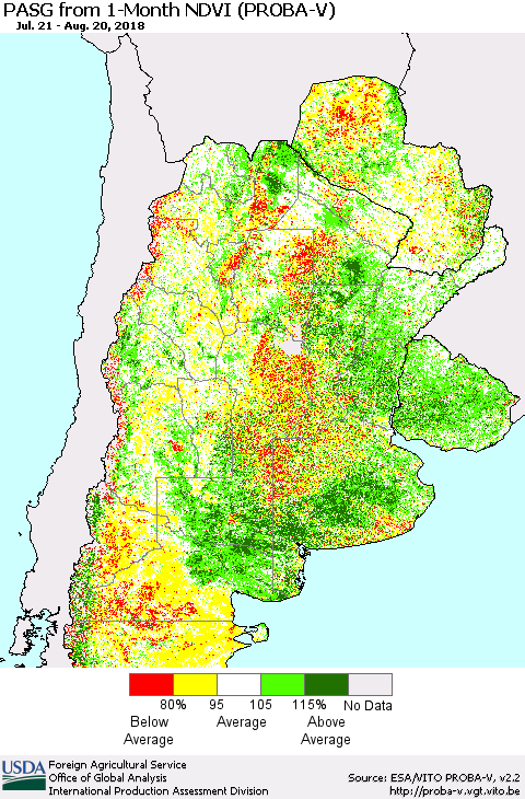 Southern South America PASG from 1-Month NDVI (PROBA-V) Thematic Map For 8/11/2018 - 8/20/2018
