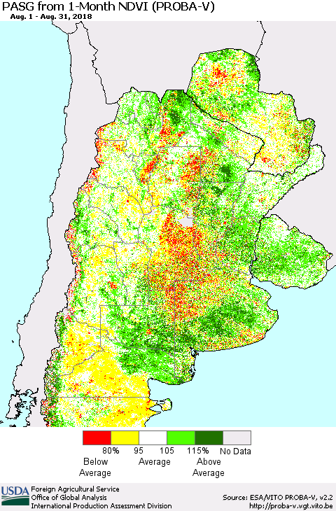 Southern South America PASG from 1-Month NDVI (PROBA-V) Thematic Map For 8/21/2018 - 8/31/2018