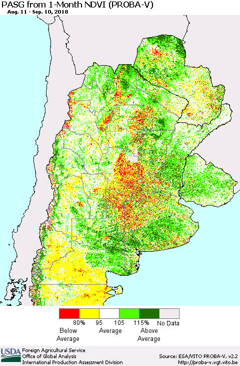 Southern South America PASG from 1-Month NDVI (PROBA-V) Thematic Map For 9/1/2018 - 9/10/2018