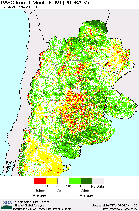 Southern South America PASG from 1-Month NDVI (PROBA-V) Thematic Map For 9/11/2018 - 9/20/2018