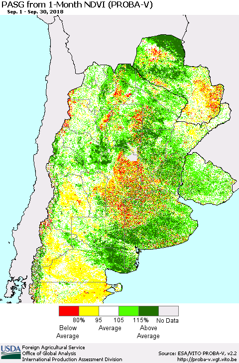 Southern South America PASG from 1-Month NDVI (PROBA-V) Thematic Map For 9/21/2018 - 9/30/2018