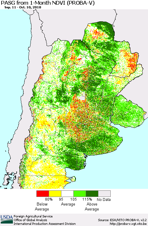 Southern South America PASG from 1-Month NDVI (PROBA-V) Thematic Map For 10/1/2018 - 10/10/2018