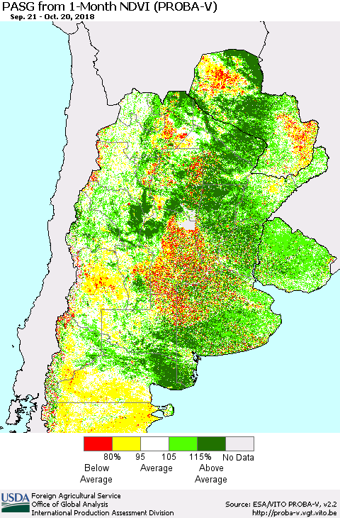 Southern South America PASG from 1-Month NDVI (PROBA-V) Thematic Map For 10/11/2018 - 10/20/2018