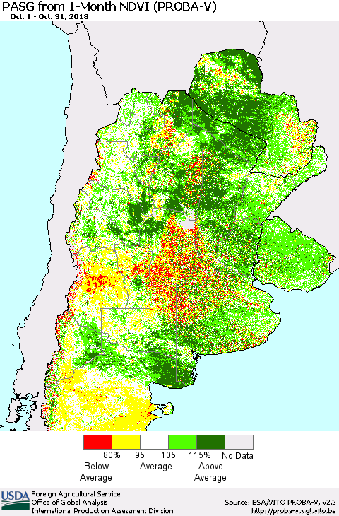 Southern South America PASG from 1-Month NDVI (PROBA-V) Thematic Map For 10/21/2018 - 10/31/2018