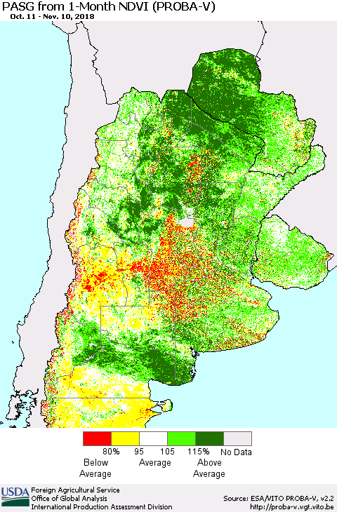 Southern South America PASG from 1-Month NDVI (PROBA-V) Thematic Map For 11/1/2018 - 11/10/2018
