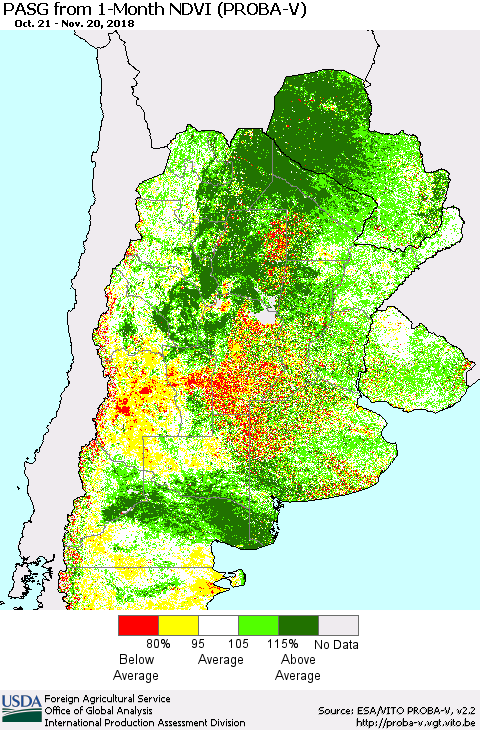 Southern South America PASG from 1-Month NDVI (PROBA-V) Thematic Map For 11/11/2018 - 11/20/2018