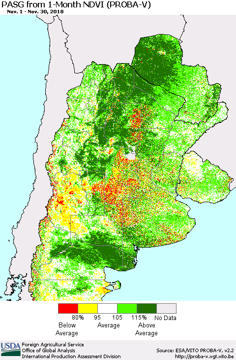 Southern South America PASG from 1-Month NDVI (PROBA-V) Thematic Map For 11/21/2018 - 11/30/2018