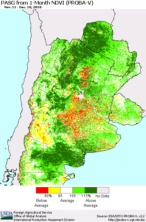 Southern South America PASG from 1-Month NDVI (PROBA-V) Thematic Map For 12/1/2018 - 12/10/2018