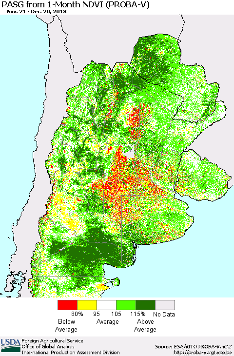 Southern South America PASG from 1-Month NDVI (PROBA-V) Thematic Map For 12/11/2018 - 12/20/2018